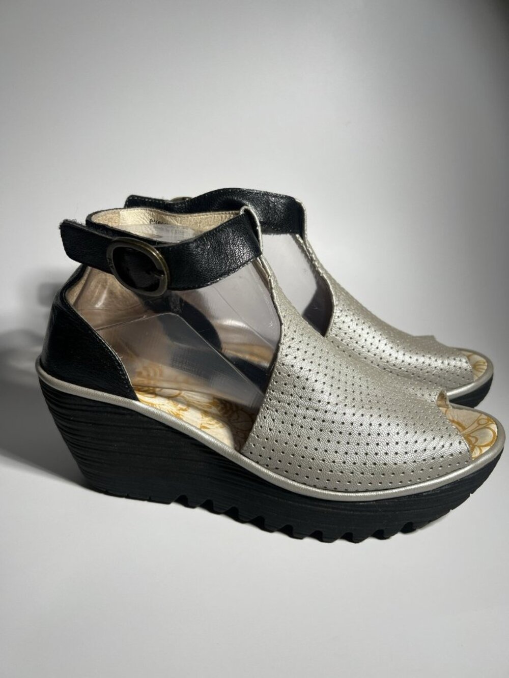 Fly London Metallic Silver Black Leather Wedge Slip On Shoes EU 40